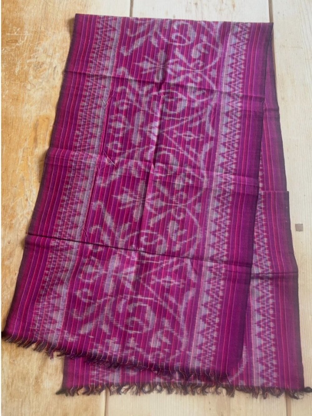 Handwoven Fringed Magenta and Purple Ikat Shawl or Scarf Geometric Design